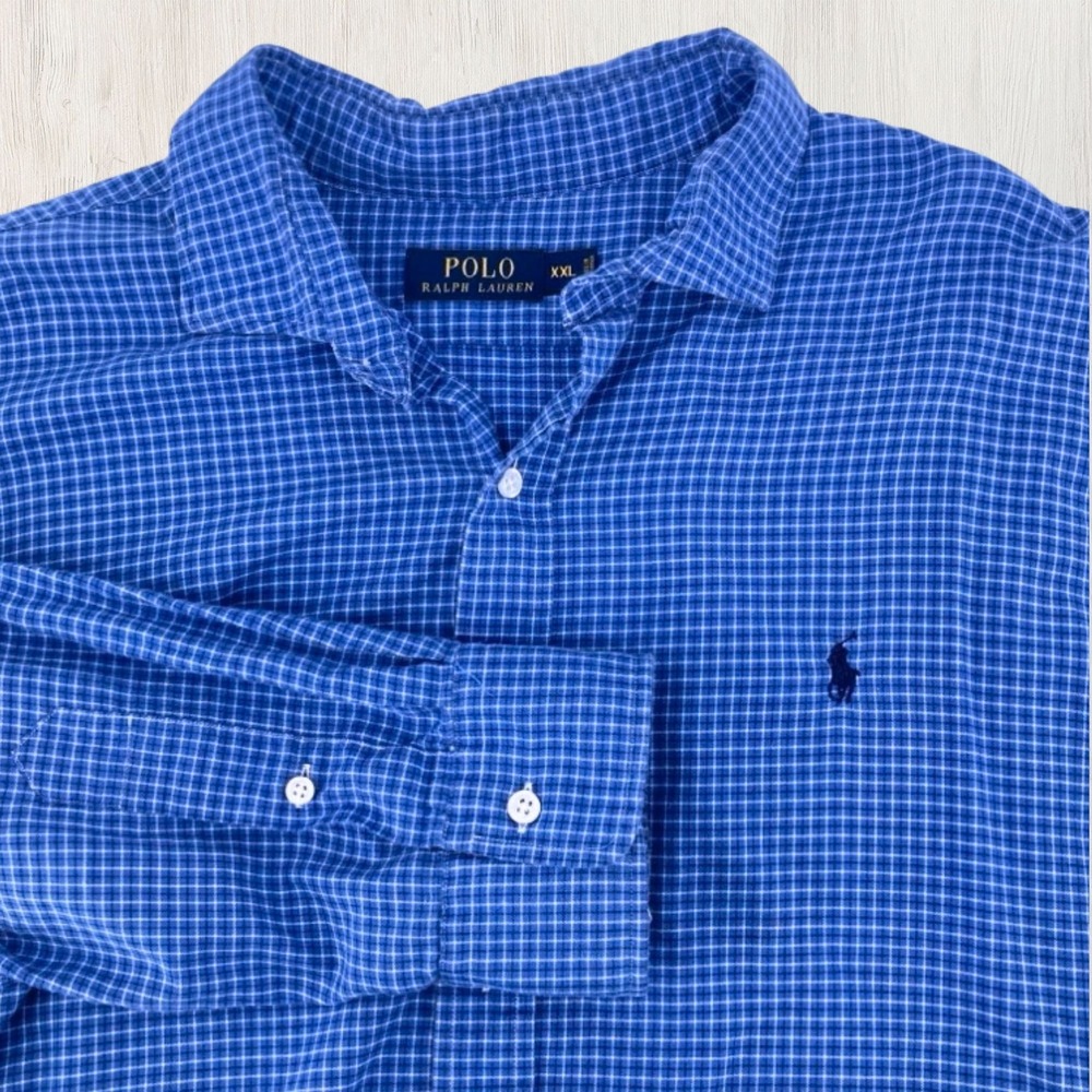 Polo Ralph Lauren Men XXL Blue White Check Cotton Button Up Long Sleeve Shirt